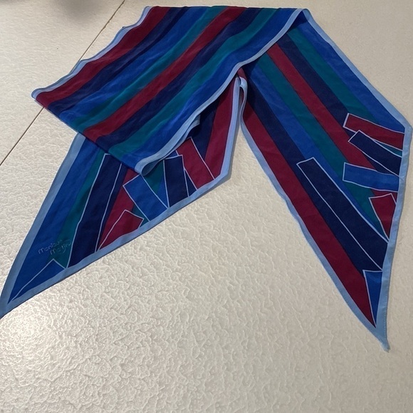 Vintage blue scarf long Monique Martin 80s scarf stripes blue green navy - Picture 7 of 7